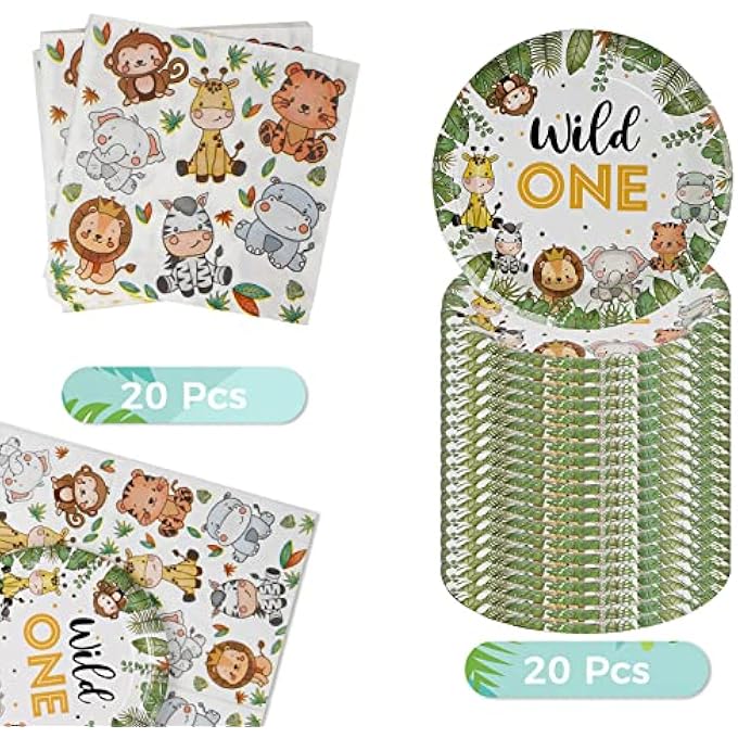 WILD ONE BIRTHDAY TABLEWARE SET, 40 PIECES 1 YEAR JUNGLE ANIMALS PAPER PLATES NAPKINS, 20 NAPKINS AND 20 PAPER PLATES JUNGLE BIRTHDAY TABLEWARE KIT, FOR BOYS & GIRLS, JUNGLE - Image 3